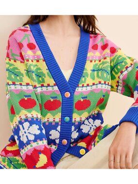 FARM Rio Sweet Orchard Knit Cardigan Layering Whimsical Novelty 80s Womens M